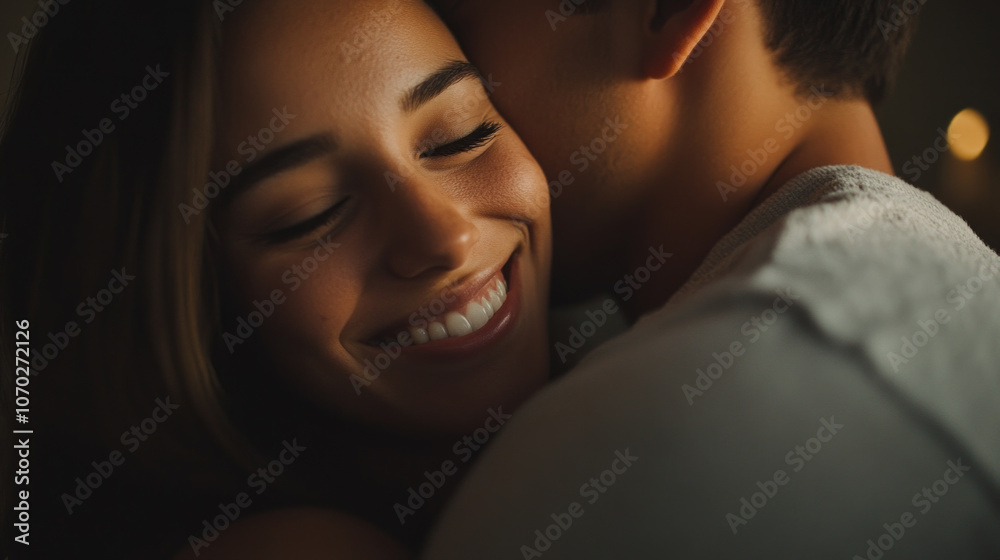 A couple embraces warmly in their cozy new home, sharing a joyful moment of love and happiness together A couple embraces warmly in their cozy new home, sharing a joyful moment of love and happiness together