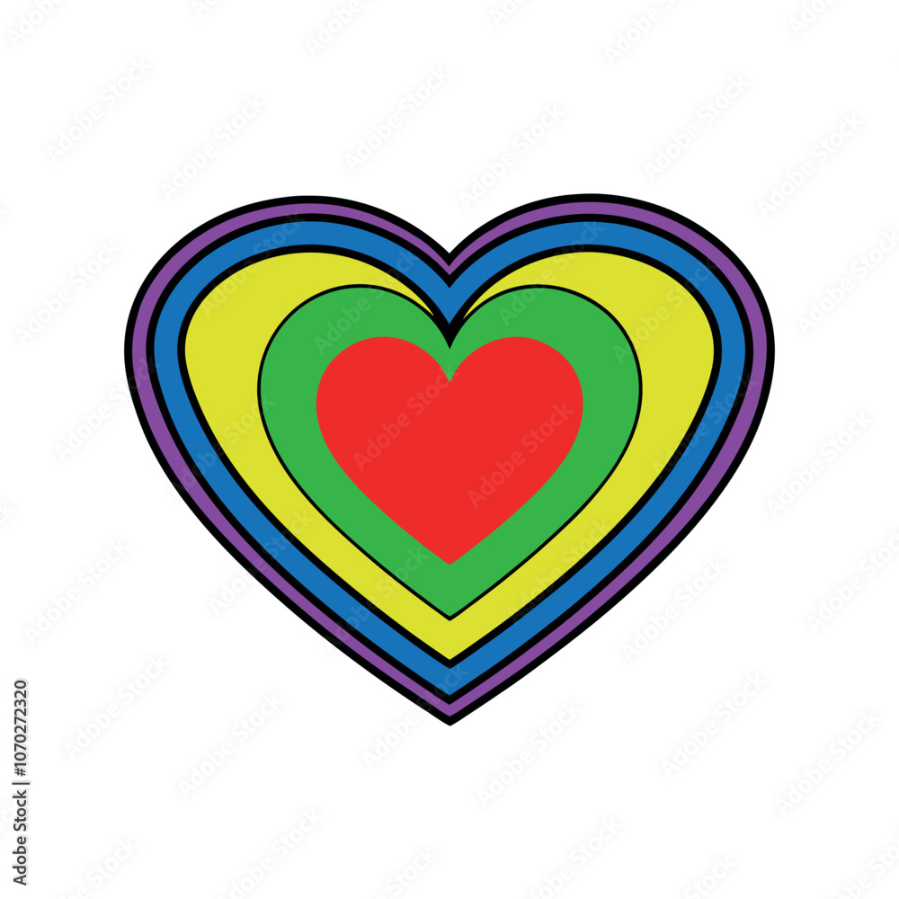 Colorful Heart with a Red Center, Arranged in Rainbow Stripes, Set Against a White Background for a Clean, Bold Love Symbol, Multiple color Love, Love icon, Colorful Love, Heart symbol