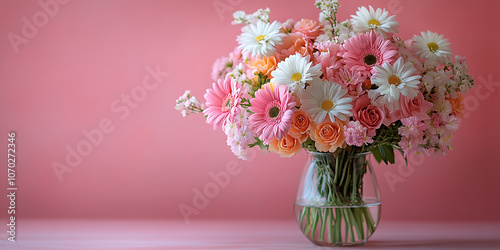 Colourful arrangement of garden flowers in glass vase