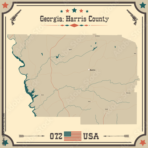 Large and accurate map of Harris County, Georgia, USA with vintage colors.