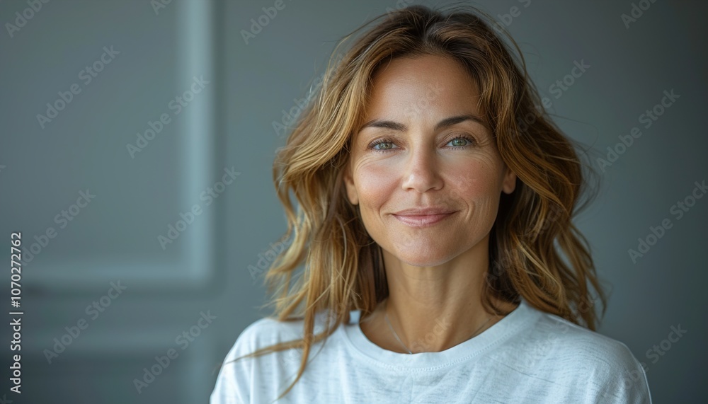 Smiling middle aged woman wearing white blank t-shirt with empty space for logo or text White blank Smiling middle aged woman wearing white blank t-shirt with empty space for logo or text White blank