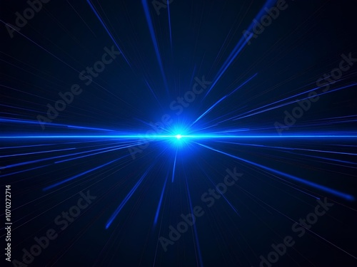 Straight blue laser light diverge from middle in a black, dark background