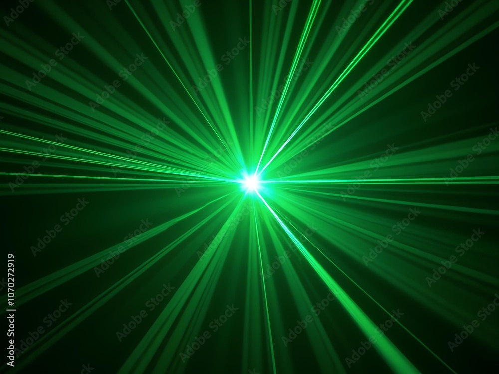 Straight green laser light diverge from middle in a black, dark background Straight green laser light diverge from middle in a black, dark background