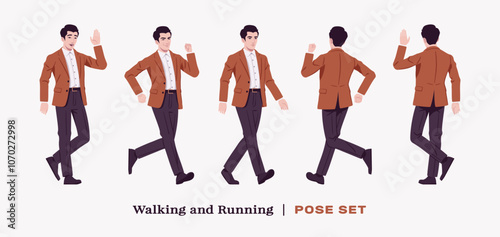 Handsome businessman wearing brown blazer suit jacket run, walk pose set. Confident modern office, casual street look for daily wear, dating, prom, party, ceremony, business work. Vector illustration