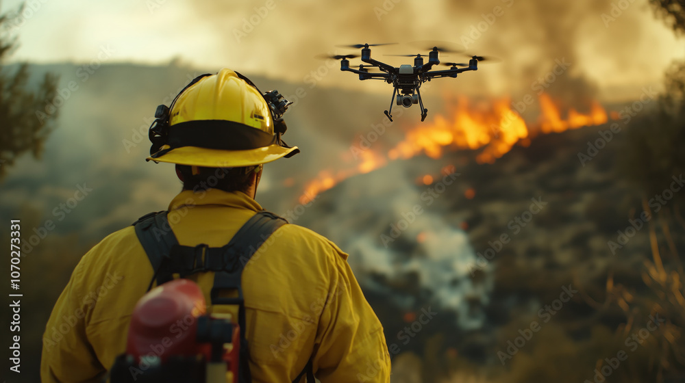 Firefighter Using Drone to Monitor Wildfire. Firefighter in protective gear operates a drone to survey an active wildfire, capturing data amid intense smoke and flames. Firefighter Using Drone to Monitor Wildfire. Firefighter in protective gear operates a drone to survey an active wildfire, capturing data amid intense smoke and flames.