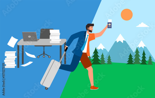 Work and travel. Annual leave. Employee prepare for vacation.
