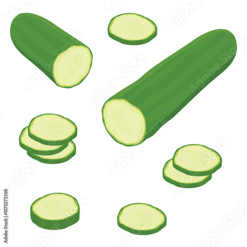 Whole cucumber and cucumber chopped slices. Set of fresh cucumbers isolated on white background