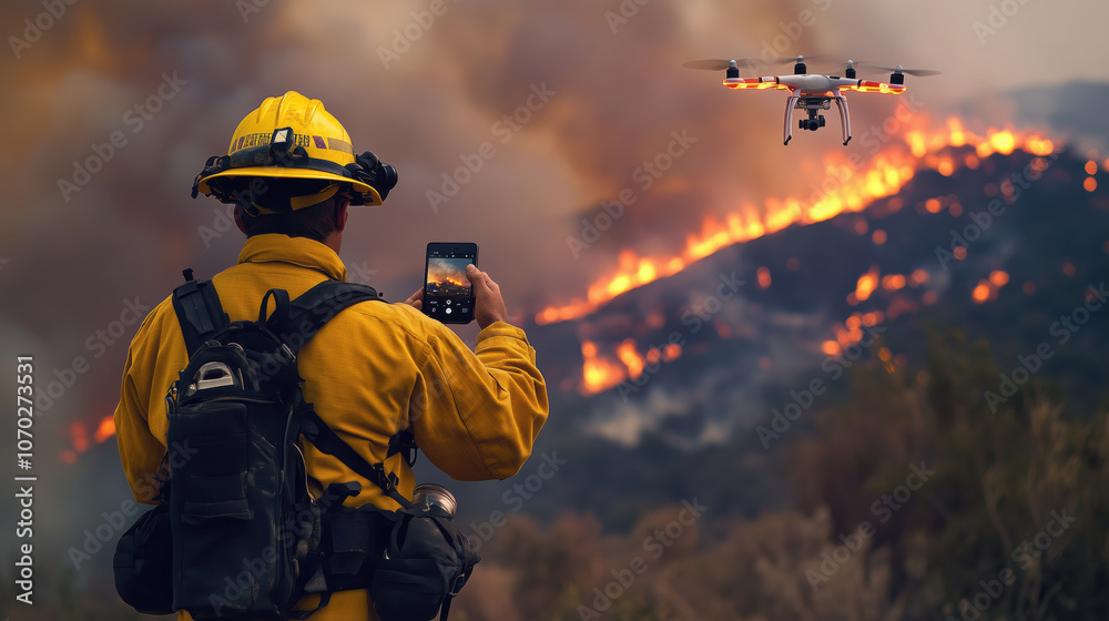 Naklejka premium Firefighter Controls Drone During Wildfire. Firefighter uses a handheld device to operate a drone while monitoring an escalating wildfire, surrounded by smoke and fire.
