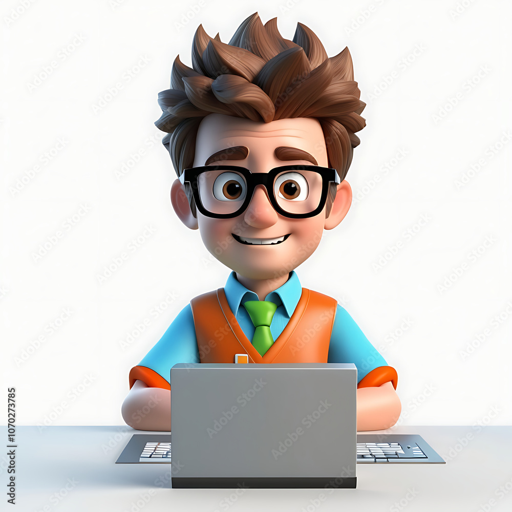 Nerd Larry sits at the table with a computer. 3d illustration. business Nerd Larry sits at the table with a computer. 3d illustration. business