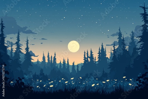 Tranquil evening in a forest under a bright full moon surrounded by stars and wildflowers, creating a serene atmosphere