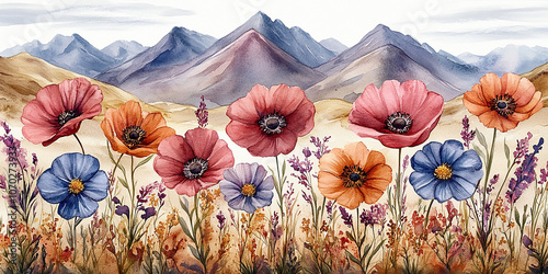 watercolor illustration depicting colorful flowers painting on canvas