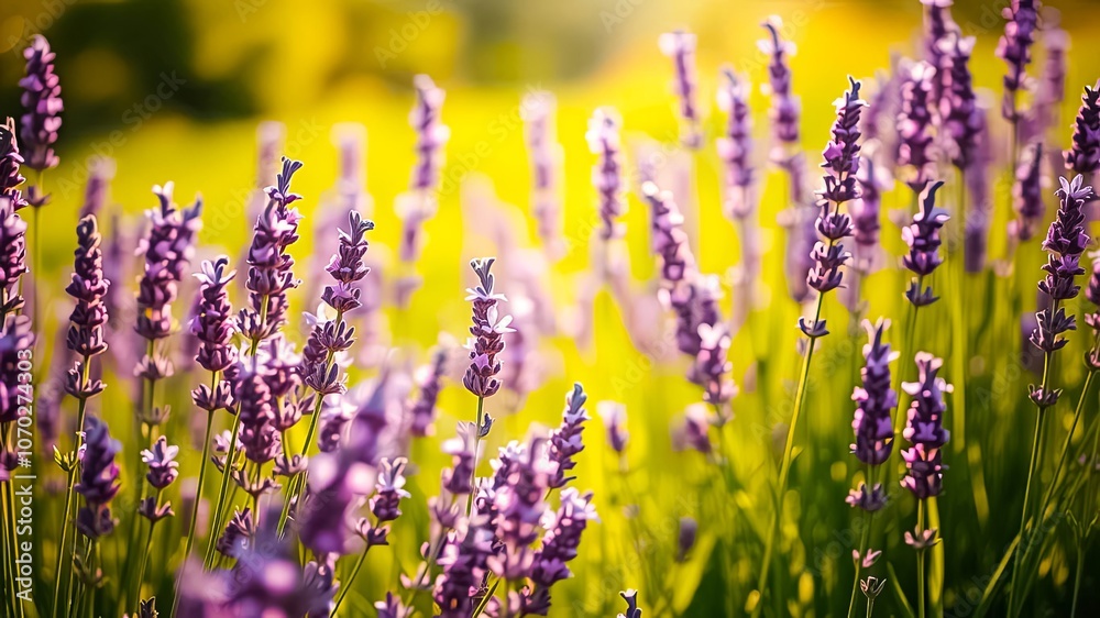 Naklejka premium A field of lavender blooms in the warm glow of the setting sun, creating a picturesque scene of tranquility and natural beauty.