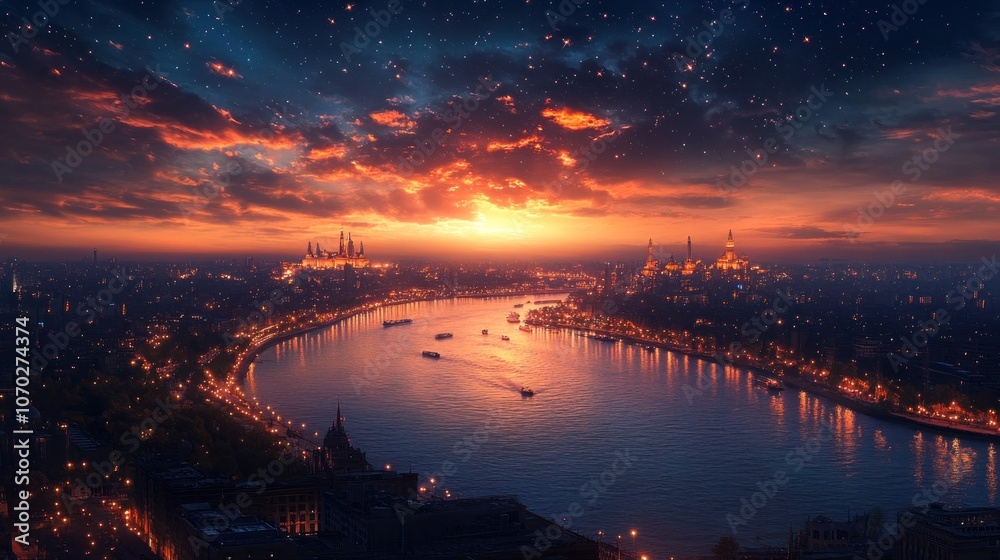 Cityscape with Sunset and Stars Cityscape with Sunset and Stars