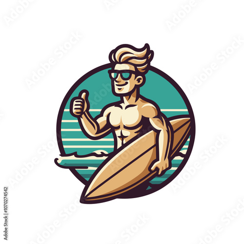 cartoon surfer with surf board. Isolated vector illustration