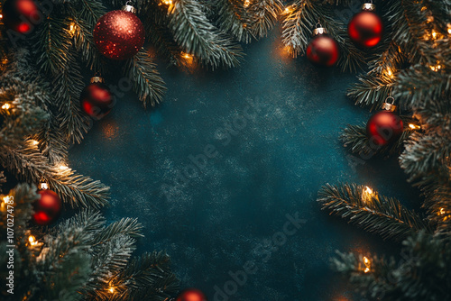 Christmas Tree Branches with Glowing Lights and Ornaments. JPG