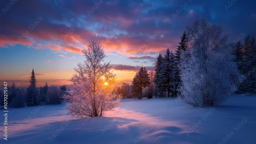 Sunrise in a snowy landscape, with frost-covered trees, a colorful sky, and sunlight glistening on fresh snow