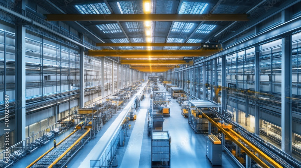An aerial view of a robotics manufacturing facility with futuristic architecture, solar panels, and an efficient layout An aerial view of a robotics manufacturing facility with futuristic architecture, solar panels, and an efficient layout