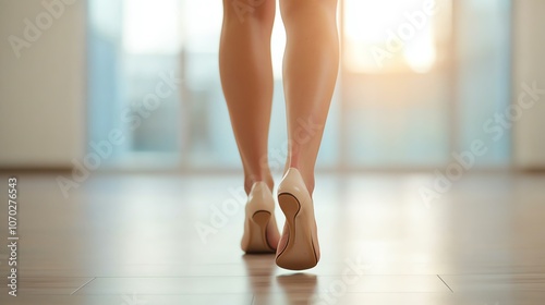 Woman walking barefoot through an office space, heels in hand, exhausted expression, warm endofday light