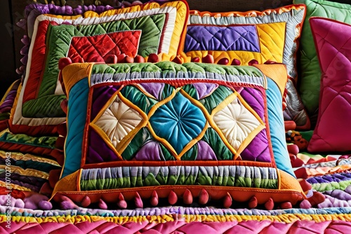 pillows and quilts,blue,red,yellow,green,purple,white,orange,pink,realistic,detailed,elaborate