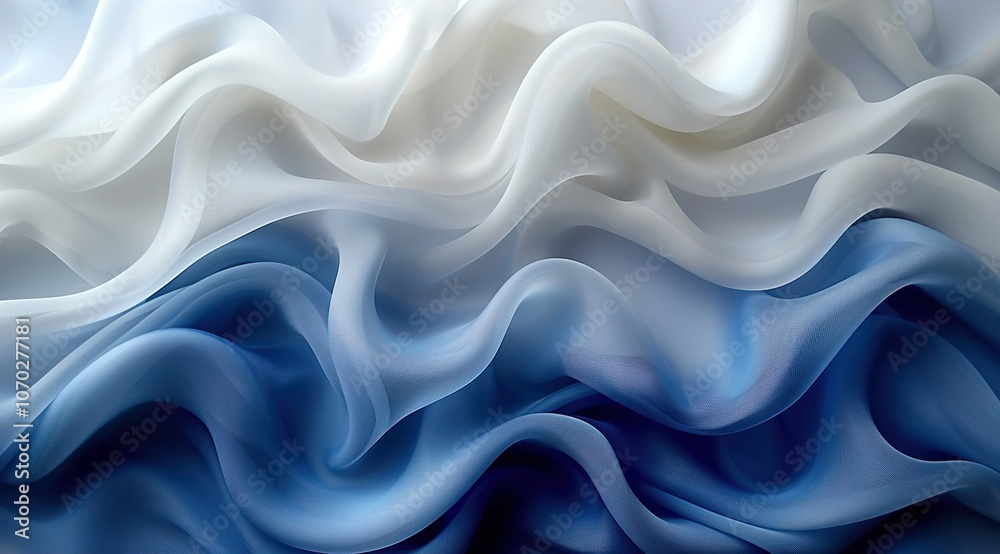 Obraz premium Abstract bright blue, white isolated soft fabric wavy folds. Modern luxury satin wave drapes 