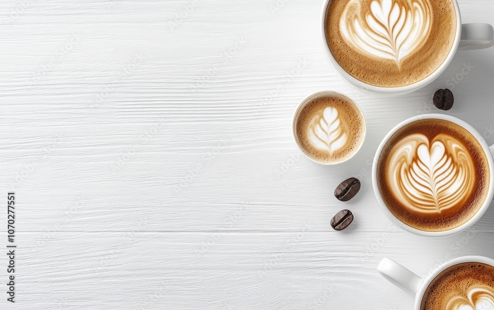 There is a row of several cups of cappuccino placed on a white wooden table There is a row of several cups of cappuccino placed on a white wooden table