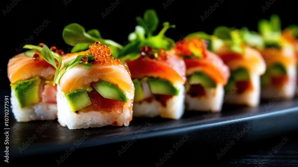 Vibrant sushi rolls with fresh salmon, avocado, and roe on a sleek black platter, AI Vibrant sushi rolls with fresh salmon, avocado, and roe on a sleek black platter, AI