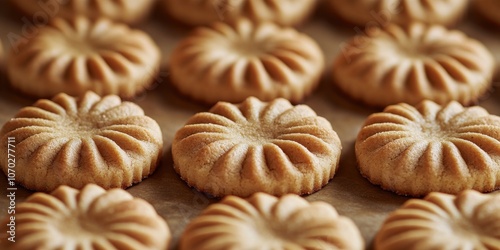 Freshly baked cookies arranged neatly on parchment paper, showcasing intricate designs and golden-brown hues in a warm kitchen setting during afternoon baking time