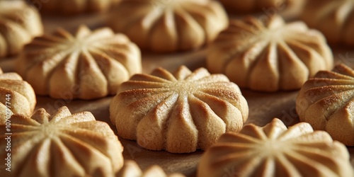 Delicious freshly baked cookies arranged neatly on a baking tray in a warm kitchen setting during the morning