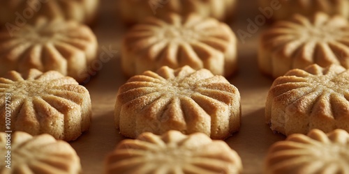 Traditional mooncakes arranged neatly on a wooden surface, showcasing their intricate designs and golden-brown color in a festive display during the Mid-Autumn Festival celebrations