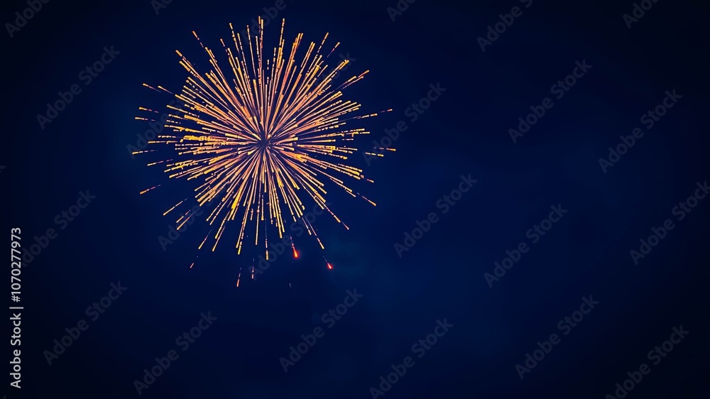 A single firework explodes in the night sky with bright orange and red sparks radiating outward. A single firework explodes in the night sky with bright orange and red sparks radiating outward.