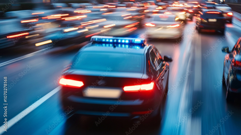 A car equipped with monitoring technology analyzes traffic flow during evening rush hour in a busy urban area A car equipped with monitoring technology analyzes traffic flow during evening rush hour in a busy urban area