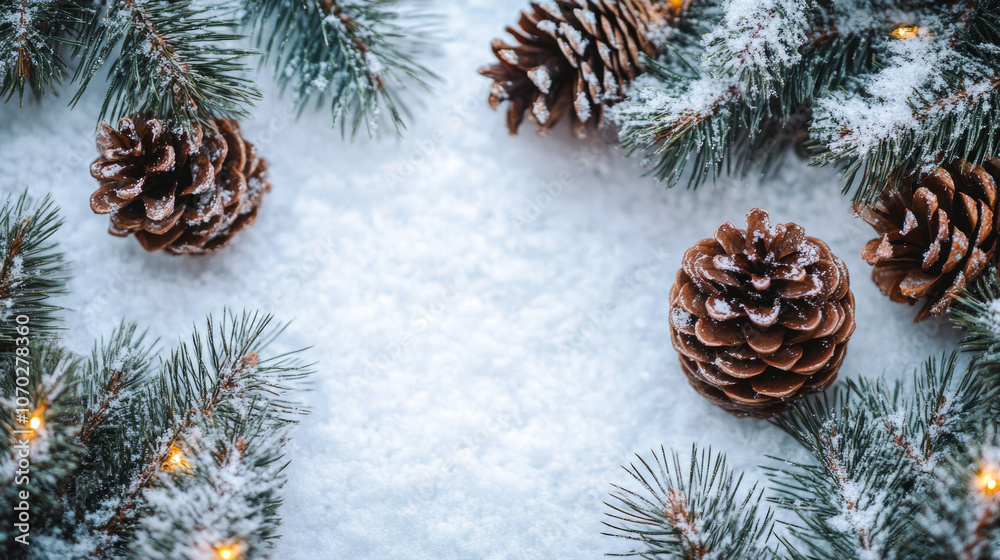 A winter holiday arrangement featuring pinecones and evergreen branches on a snowy background creating a festive atmosphere A winter holiday arrangement featuring pinecones and evergreen branches on a snowy background creating a festive atmosphere