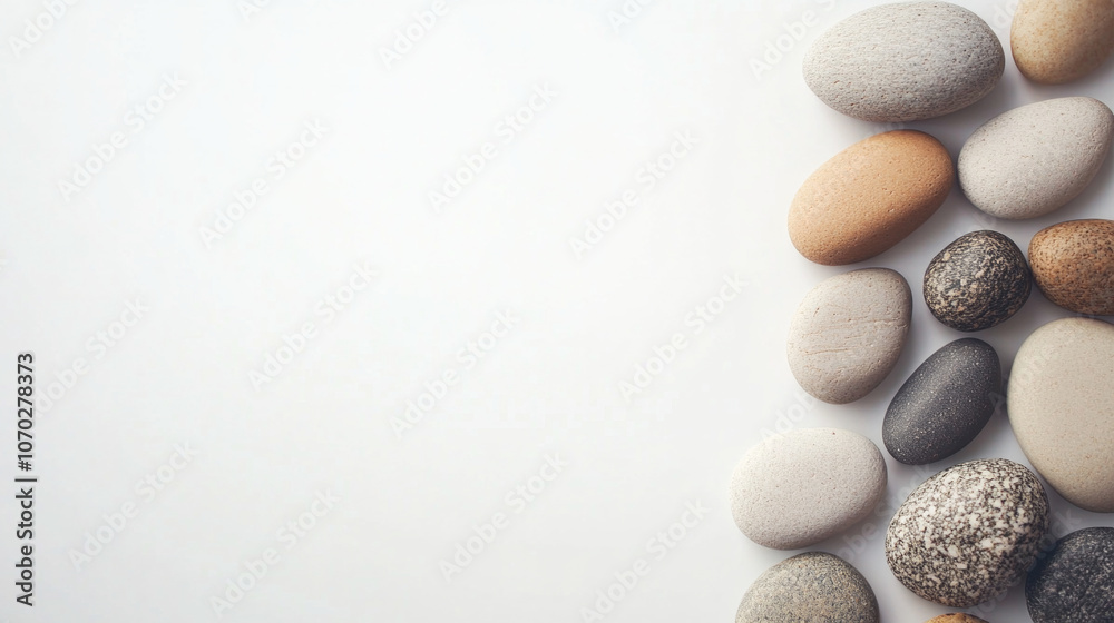 A collection of smooth pebbles arranged on a clean white background showcasing nature's colors and textures in a calm setting A collection of smooth pebbles arranged on a clean white background showcasing nature's colors and textures in a calm setting