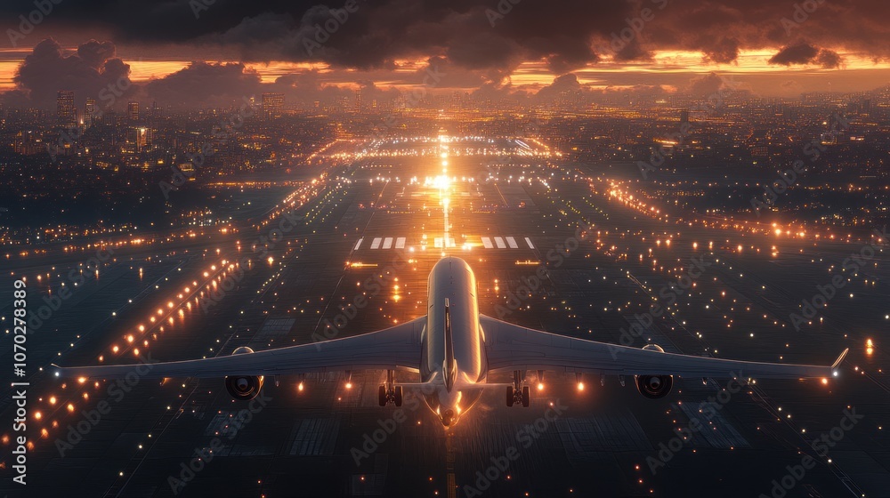 A nighttime aerial shot of a commercial jet taking off from an illuminated runway A nighttime aerial shot of a commercial jet taking off from an illuminated runway