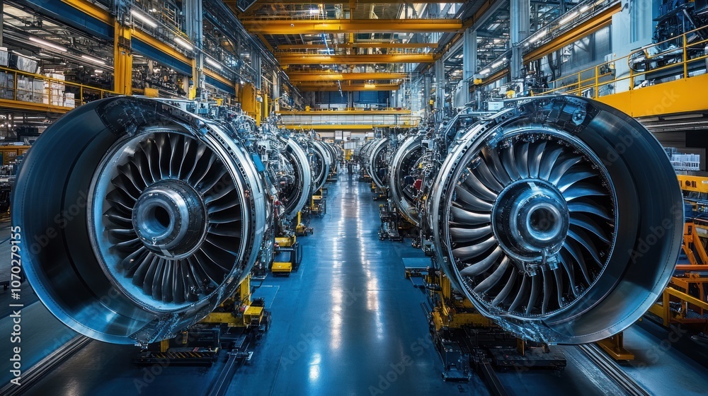 Obraz premium A panoramic shot of an advanced engine production line, where machinery at the top performs the precise assembly of engine components