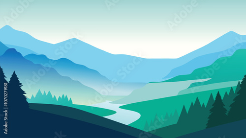  Picturesque valley scene with verdant trees shrouded in mist, evoking a sense of calm and natural beauty flat vector illustration