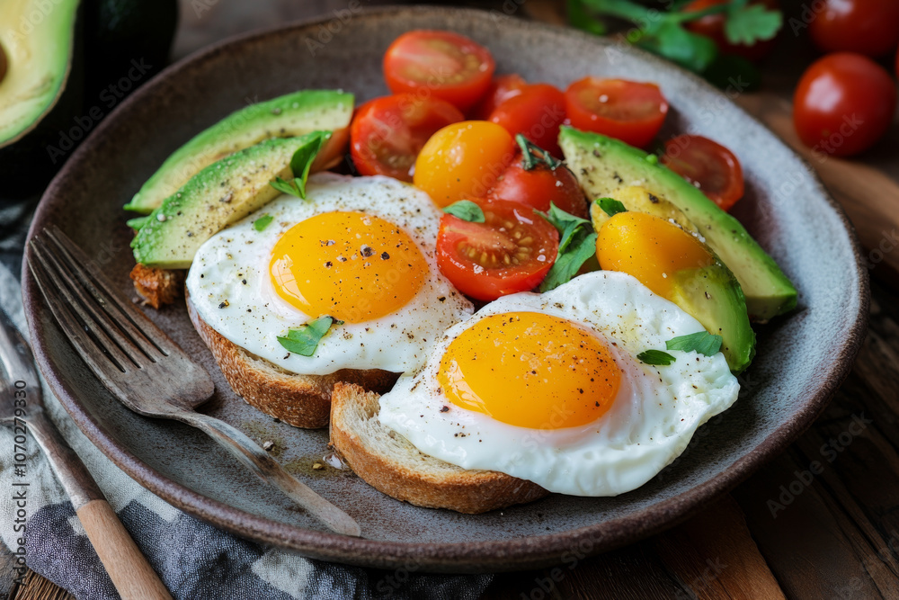 A breakfast setup with poached eggs on toast, roasted tomatoes, and avocado slices, served on a rustic plate.