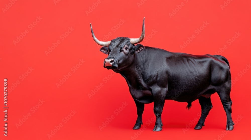 a spanish black Fighting Bull, full body. Red background. a spanish black Fighting Bull, full body. Red background.