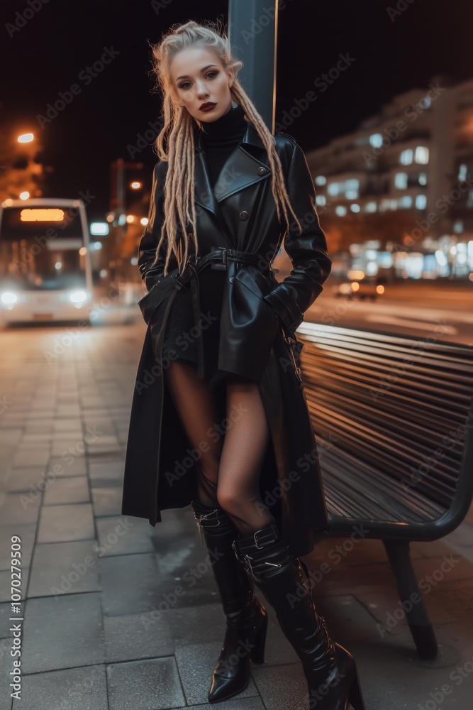 Fototapeta premium Fashionable woman in leather coat poses stylishly at night, with city lights and a bus in the background.