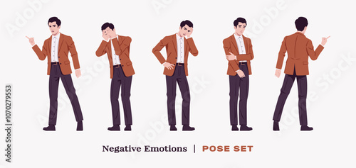 Handsome businessman wearing brown blazer suit jacket unhappy negative emotion set. Confident office, casual street look for daily wear, dating, prom, ceremony, business work. Vector illustration