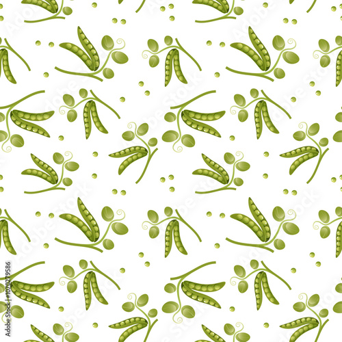 Vector abstract seamless pattern of green pea pods and peas on white background. Organic product, farm harvest, healthy vegetarian food, green vegetable. For kitchen textile, gift paper. Food.