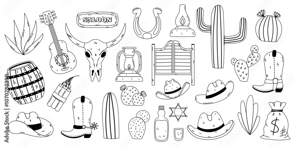 Black and white illustration set featuring Western themed icons, including cacti, cowboy hats, boots, a saloon sign, and other classic symbols. Perfect for vintage designs, Western themes, and Black and white illustration set featuring Western themed icons, including cacti, cowboy hats, boots, a saloon sign, and other classic symbols. Perfect for vintage designs, Western themes, and