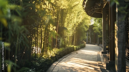 Serene Pathway through a Sunlit Bamboo Forest in a Traditional Chinese Garden