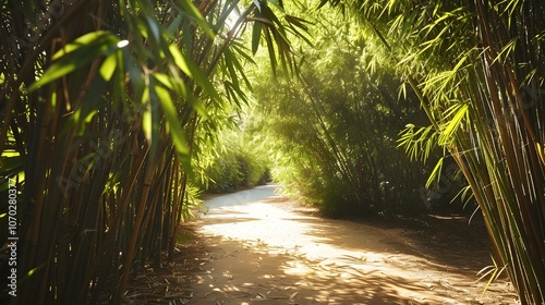 A path through a forest with tall bamboo trees