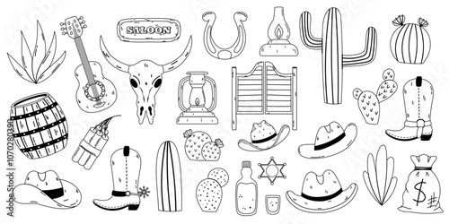 Black and white illustration set featuring Western themed icons, including cacti, cowboy hats, boots, a saloon sign, and other classic symbols. Perfect for vintage designs, Western themes, and
