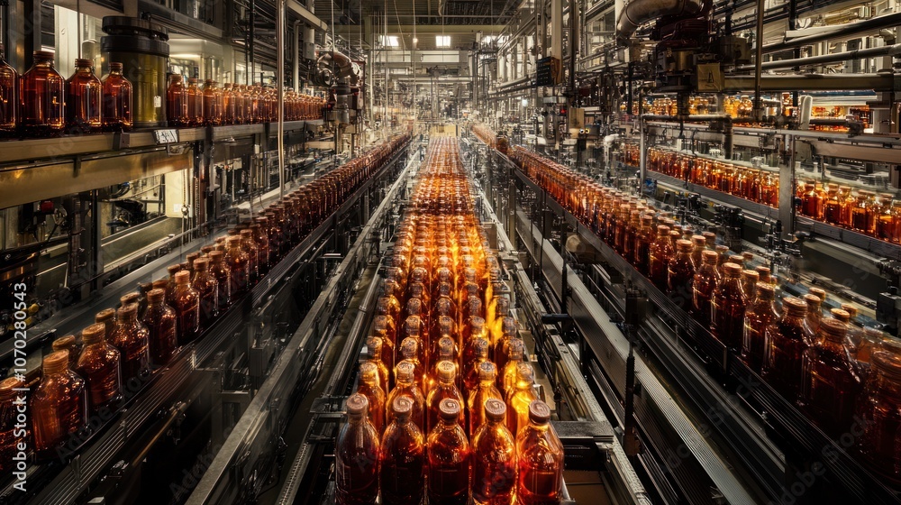 Naklejka premium A panoramic view of an automotive lubricant bottle manufacturing plant. The production line of machinery occupies the top section