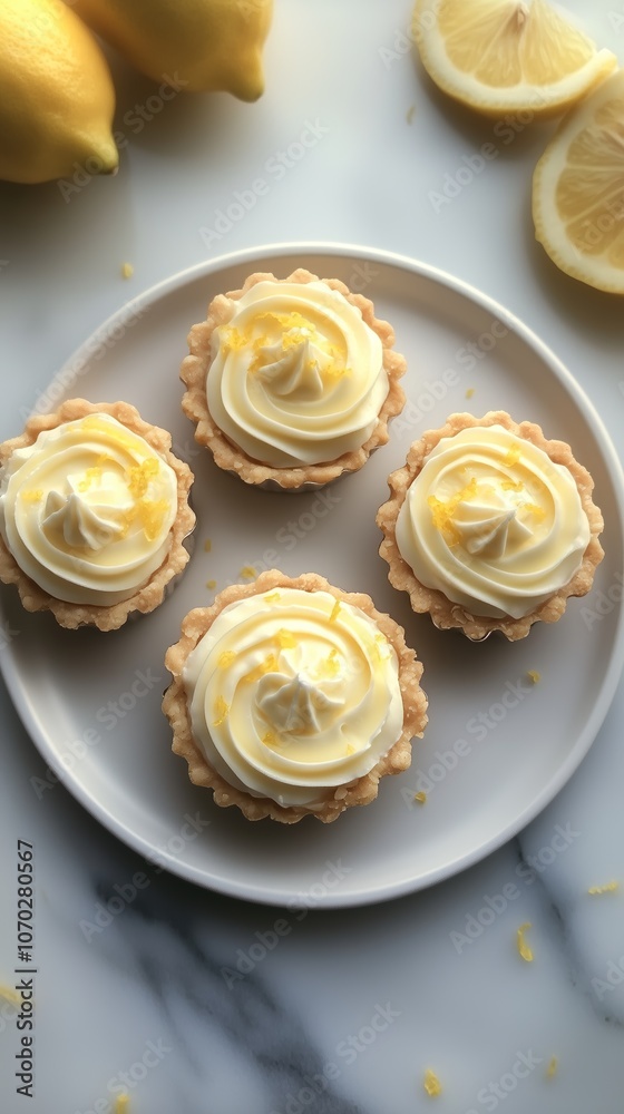 Four lemon tarts with whipped cream topping on a plate, surrounded by fresh lemons. Perfect for dessert inspiration. Four lemon tarts with whipped cream topping on a plate, surrounded by fresh lemons. Perfect for dessert inspiration.