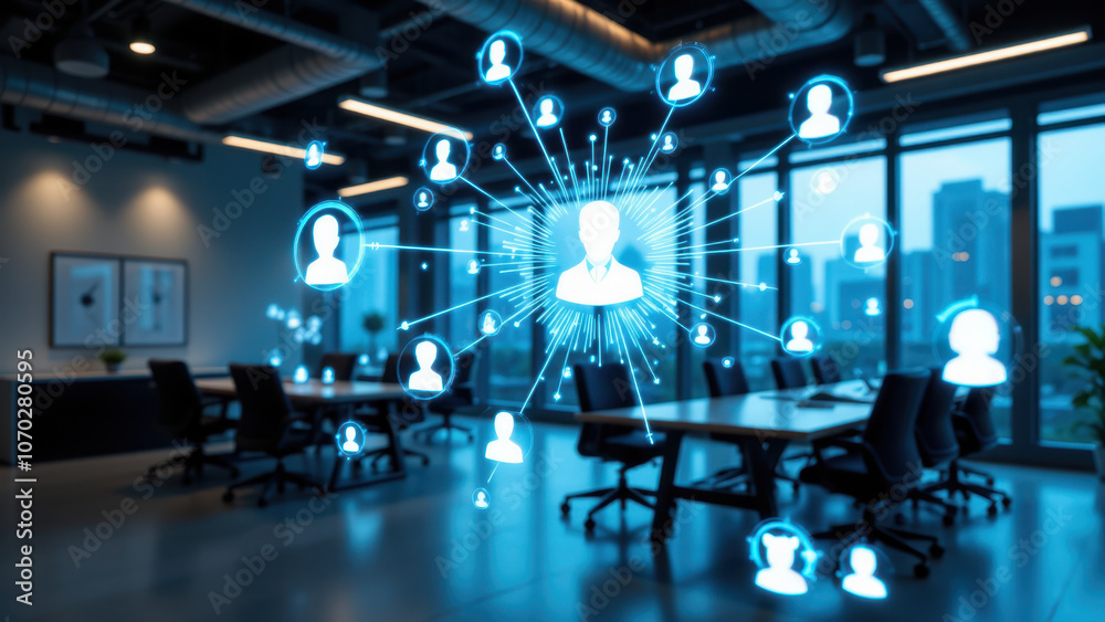 Modern office with digital avatars representing people interacting on a digital screen in the background. Modern office with digital avatars representing people interacting on a digital screen in the background.