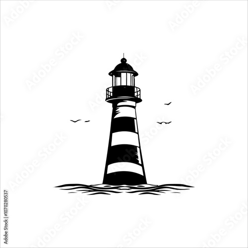 simple Vector Design maritime beacon on sea Black And white