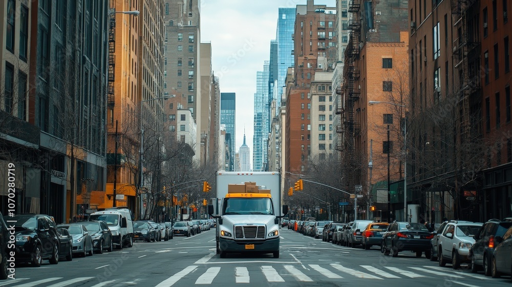 Naklejka premium A delivery truck driving through city streets with packages, emphasizing the importance of last-mile delivery in e-commerce logistics